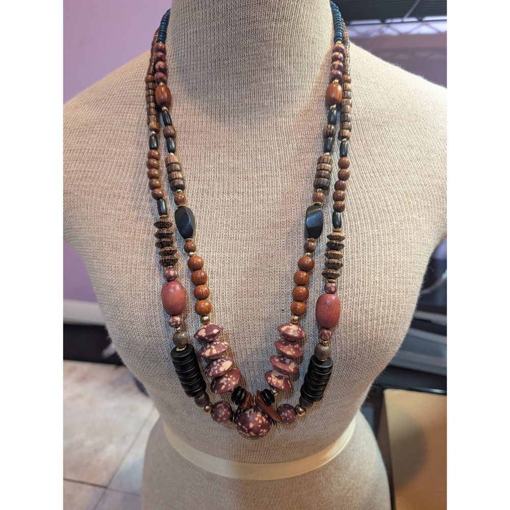 VTG Lee Sands Long Leopard Coconut Wood Necklace Teal Black Pink 32" Statement